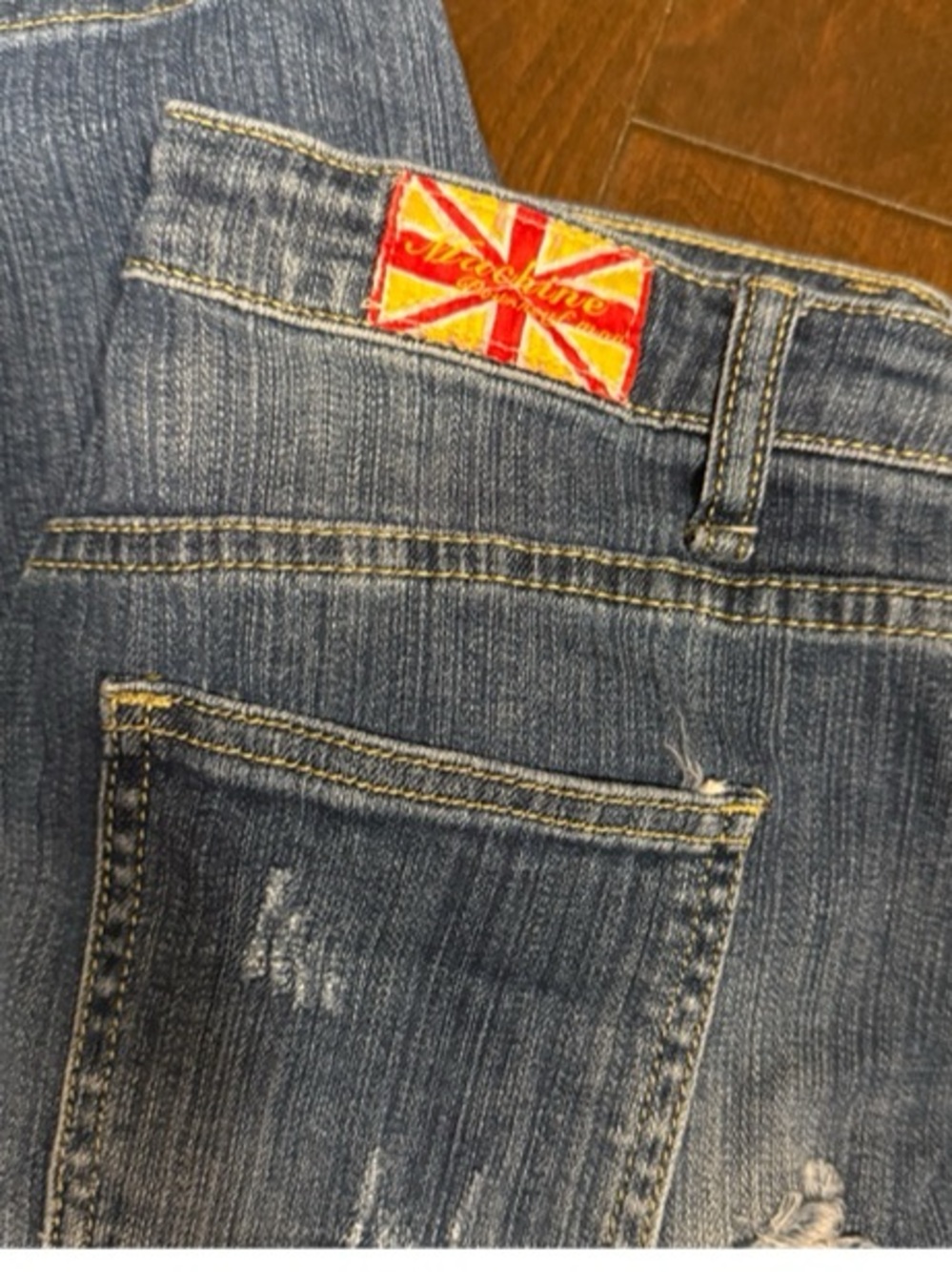 Machine Slim Straight Women's Jeans — Medium Blue Wash with Red Accent Patch